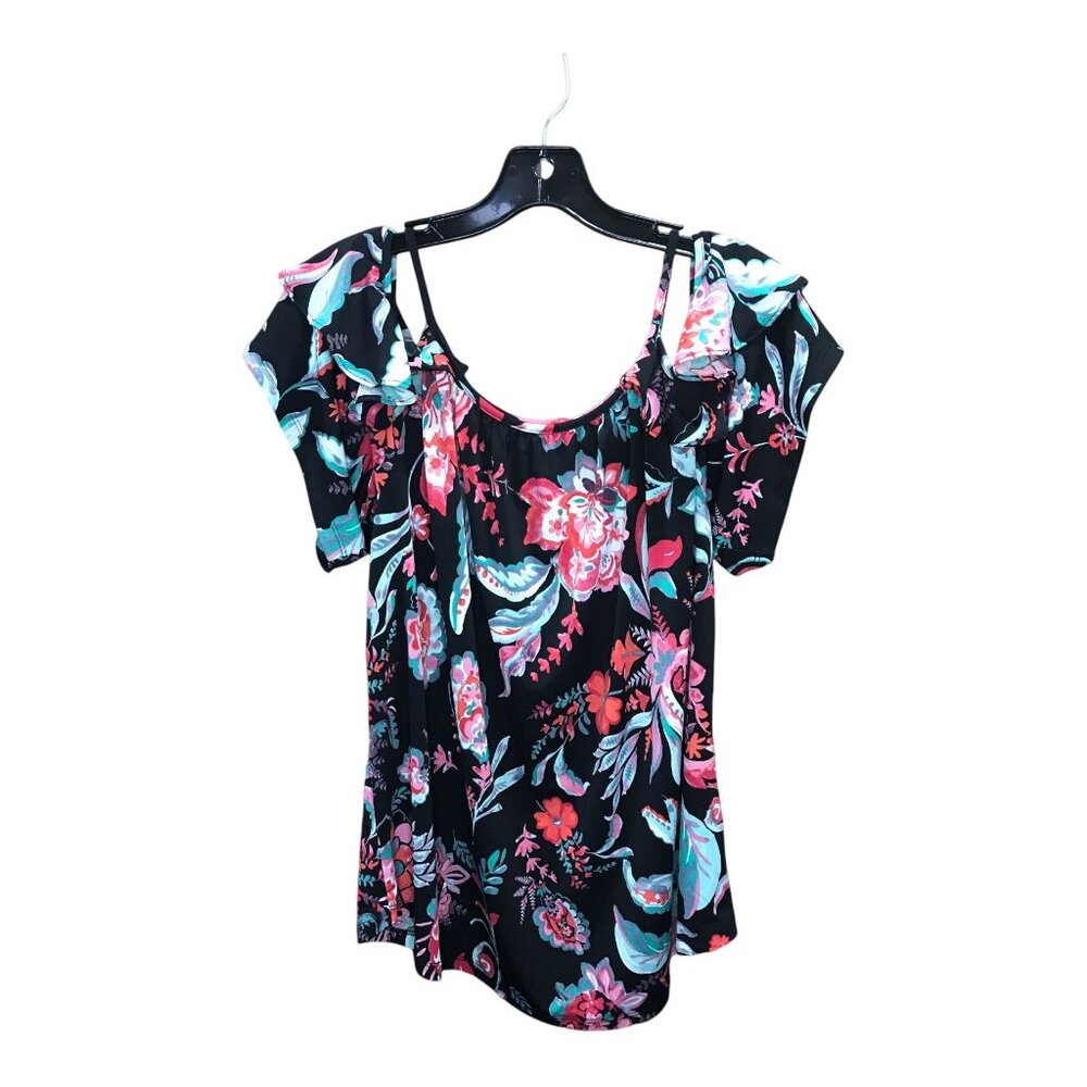7th Avenue Black Pink Floral Pattern Cold Shoulder Women's‎ Shirt Size XL